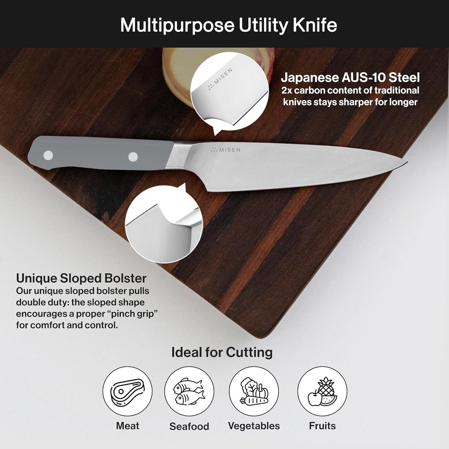 Misen 5.5" Utility Knife – High Carbon Japanese AUS-10 Stainless Steel – Hybrid German & Japanese Blade – Precision Kitchen Knife for Professionals & Home Cooks – Ultimate Cutting Performance - Gray