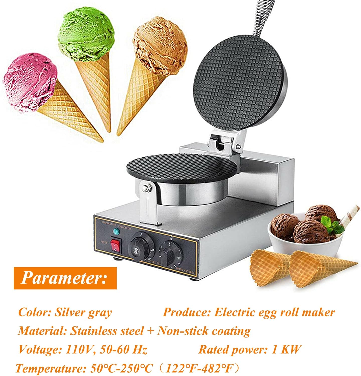 Ice Cream Cone Maker Electric Ice Cream Cone Waffle Maker Machine Nonstick Ice Cream Waffle Roll Maker Stainless Steel Egg Roll Maker Waffle Cone Machine Time Control Single Head 110V