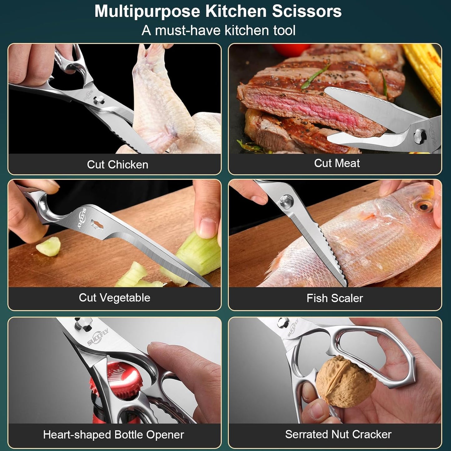 Premium Kitchen Shears Heavy Duty, Kitchen Scissors for Food, 8.8 Inch Ultra Sharp Meat Scissors Detachable Blade, Silver Titanium Plated Poultry Shears, Anti-Slip Cooking Scissor All Purpose