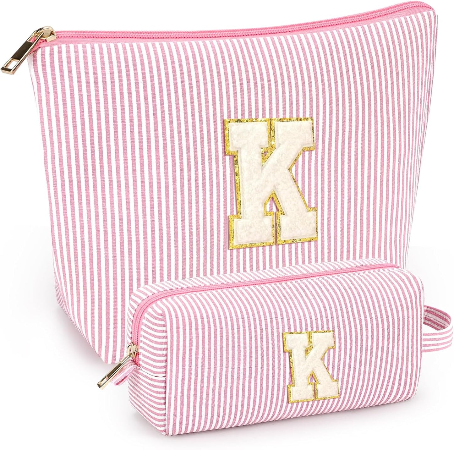 2 PCS Initial Makeup Bags for Women: Cosmetic Bag for Travel Toiletry - Birthday Gifts for 11 12 13 14 15 16 17 18 Years Old Girl Graduation Teacher Gift- Teen Girl Gifts Trendy Stuff - Light Pink K