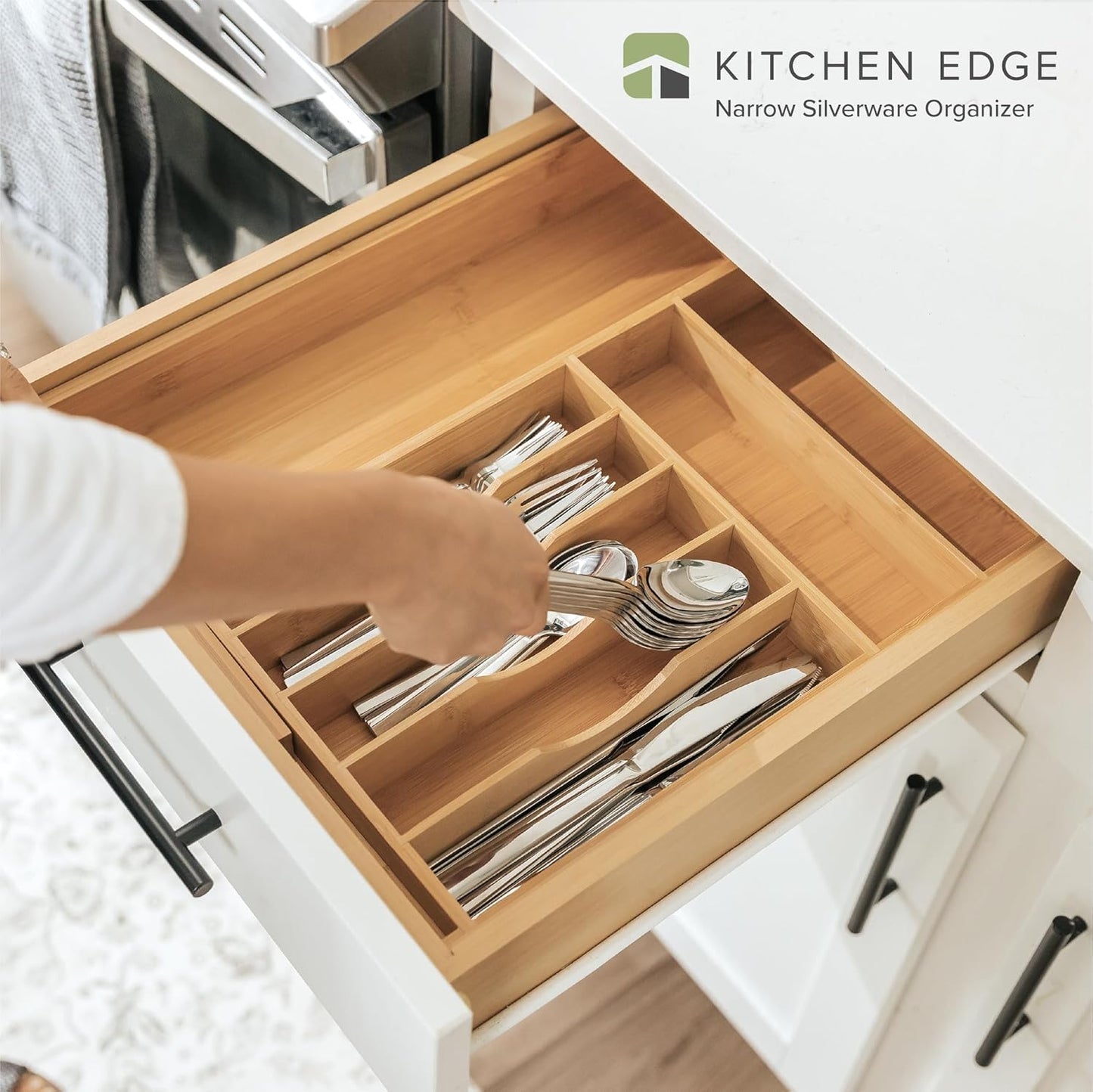 KitchenEdge Premium Silverware, Flatware and Utensil Organizer for Kitchen Drawers, Food-Safe Contract Grade, Expandable from 10.5 to 19 In, Natural Bamboo