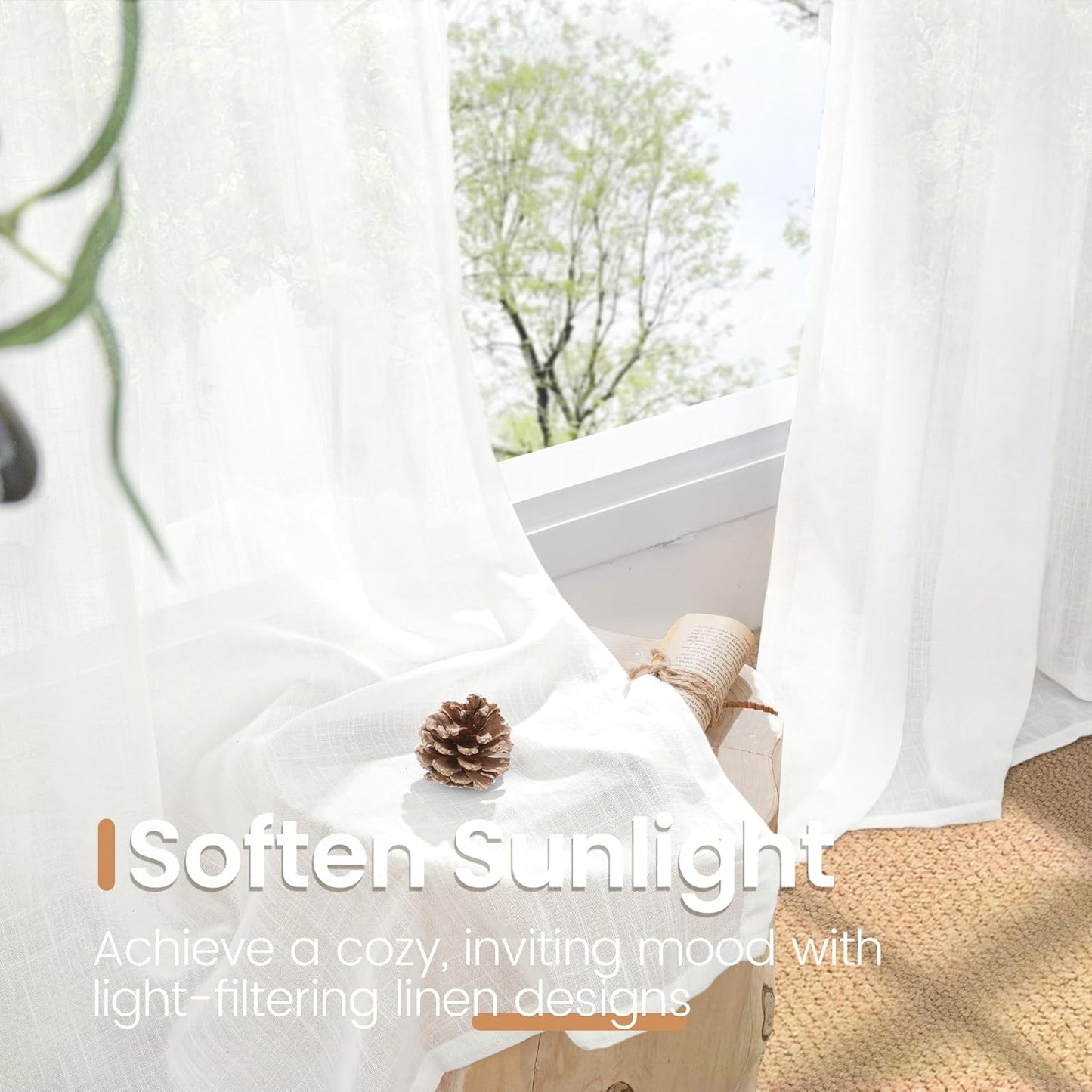 BGment White Linen Semi Sheer Curtains 36 Inch Length for Kitchen Cafe Window - Small Drapes Light Filtering with Rod Pocket Lightweight for Cafe Bathroom, 2 Panels Set, 30 X 36 Inch