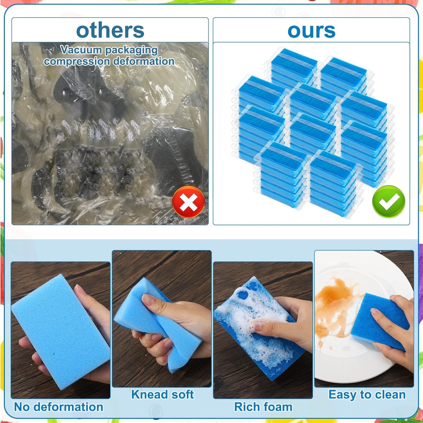 50 Pcs Individually Wrapped Sponges, Uncompressed Non Scratch Scrouing Sponges for Household Cleaning Dishes Kitchen Airbnb Apartment Car Bike Blue