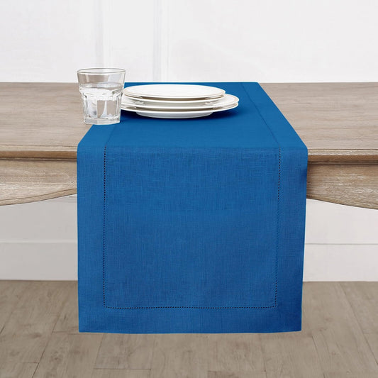 Solino Home Linen Indigo Blue Table Runner 132 Inches Long - 100% Pure Linen Extra Long Table Runner 14 x 132 Inch for Fall, Autumn - Classic Hemstitch