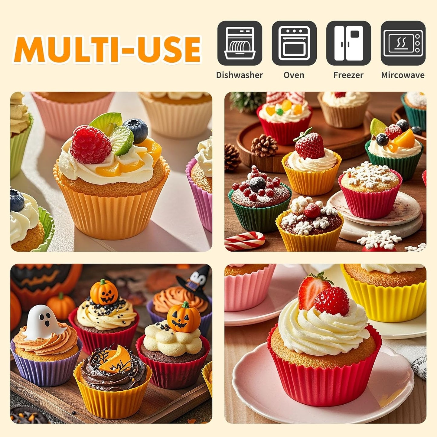 24 Pack Reusable Silicone Cupcake Baking Cups, 2.96 inch Multicolor Cups, Non-stick Muffin Liners for Weddings, Birthday, Party Halloween Christmas