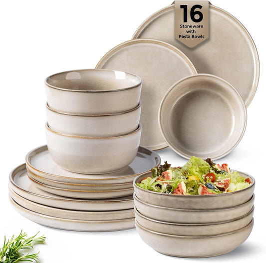 GBHOME 16 Pieces Double Bowls Ceramic Dinnerware Sets for 4, Stoneware Plates and Bowls Set with Reactive Glaze, Scratch Resistant Stoneware Dishes Set, Dishwasher & Microwave Safe