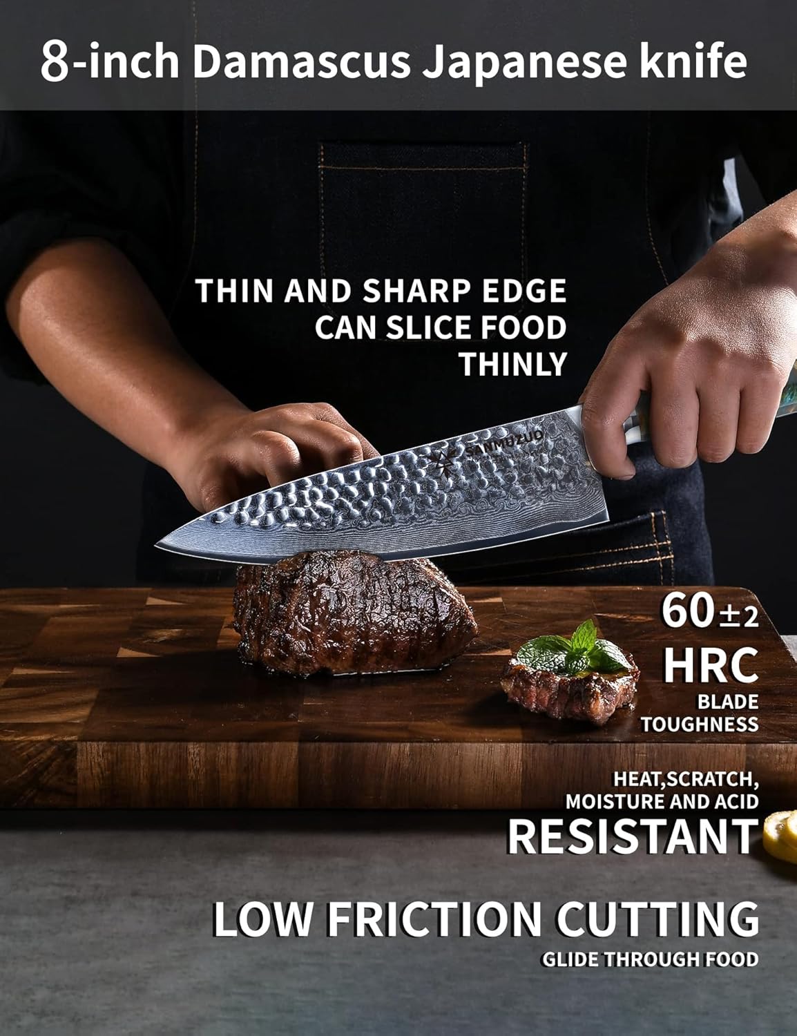 8" Chef Knife - Professional Kitchen Knife - Hammered Damascus Steel & Resin Handle - YAO Series