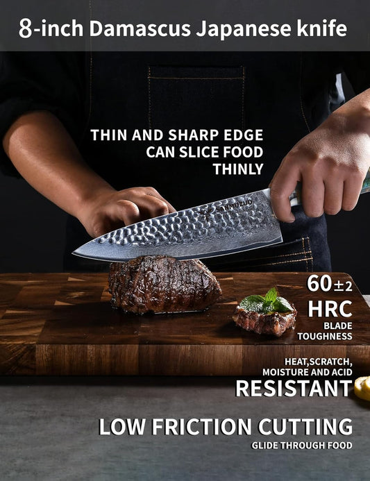 8" Chef Knife - Professional Kitchen Knife - Hammered Damascus Steel & Resin Handle - YAO Series