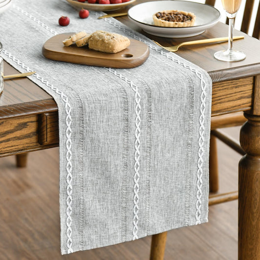 Artoid Mode Grey Rustic Cotton Linen Table Runner, Seasonal Embroidered Hollow Kitchen Dining Table Decoration for Home Party Decor 13x108 Inch