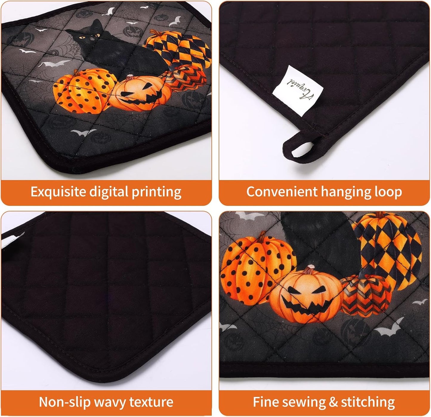 Halloween Cat Oven Mitts and Pot Holders Sets 2Pcs, 100% Cotton Heat Resistant, Extra Long Oven Gloves Potholder for Kitchen Cooking Baking Decoration