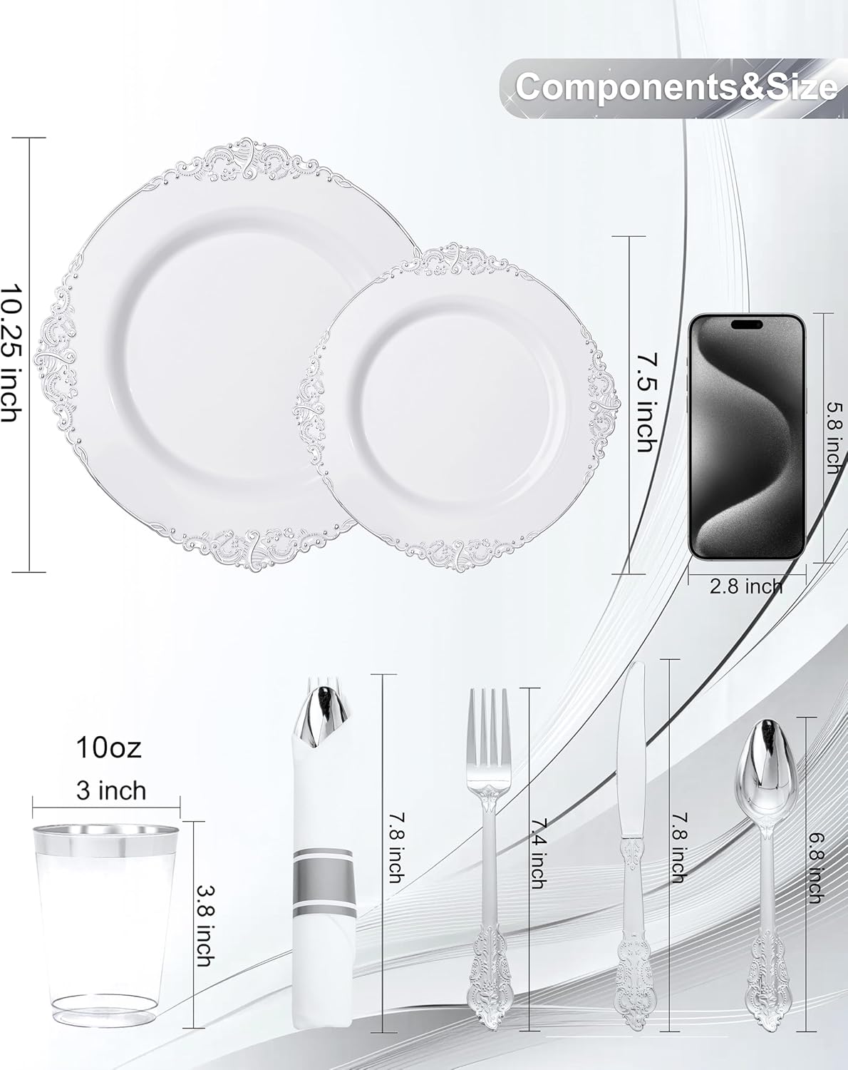 Nervure 700PCS Silver Plastic Plates - Silver Plastic Dinnerware Sets for 100 Guests - 200 Disposable Plates, 300 Silverware, 100 Cups, 100 Napkins for Wedding & Party