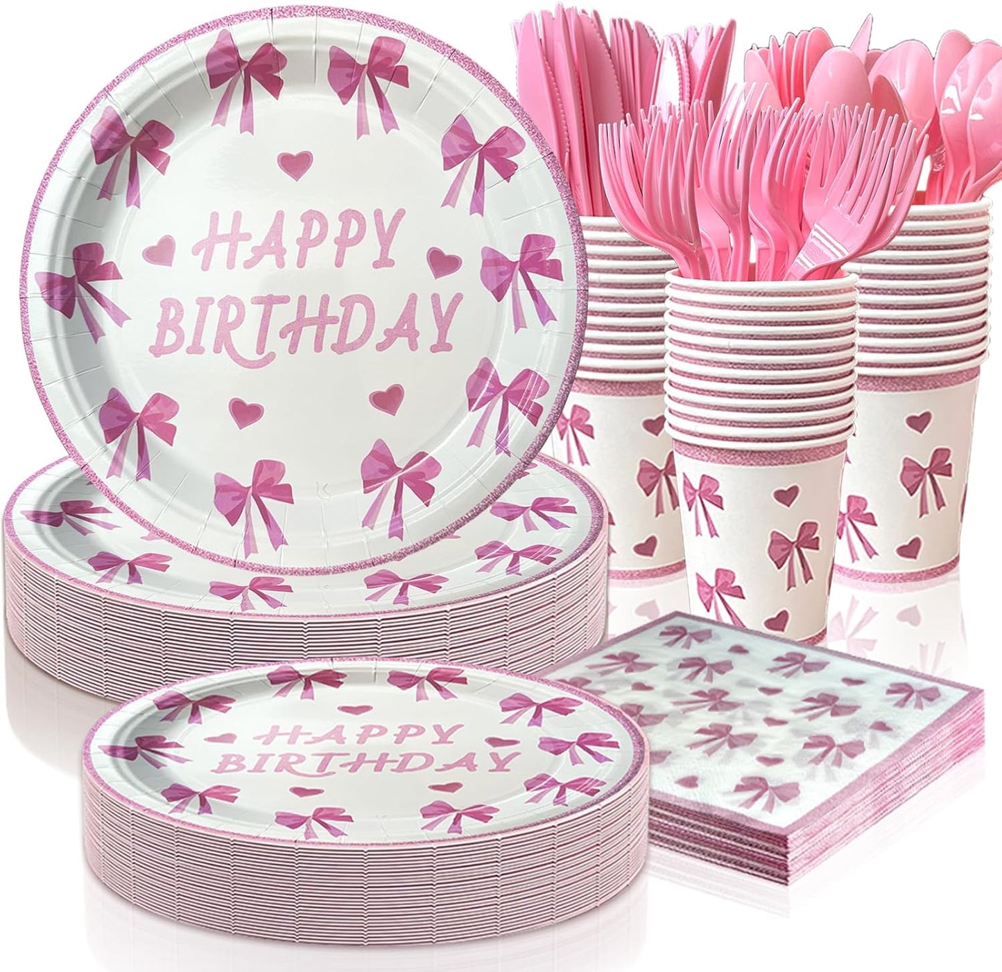 175 PCS Coquette Birthday Plates and Napkins Sets Includes Disposable Plates Dessert Plates Napkins Cups Plastic Knives Forks Spoons Disposable Dinnerware Set For Pink Bow Party (25 Guest)