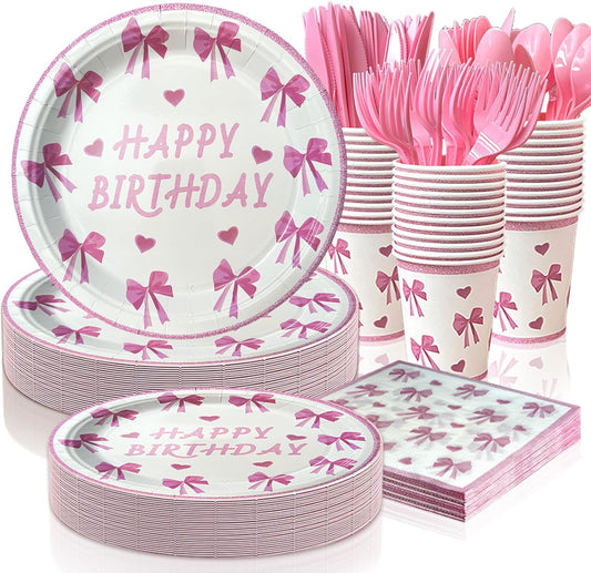175 PCS Coquette Birthday Plates and Napkins Sets Includes Disposable Plates Dessert Plates Napkins Cups Plastic Knives Forks Spoons Disposable Dinnerware Set For Pink Bow Party (25 Guest)