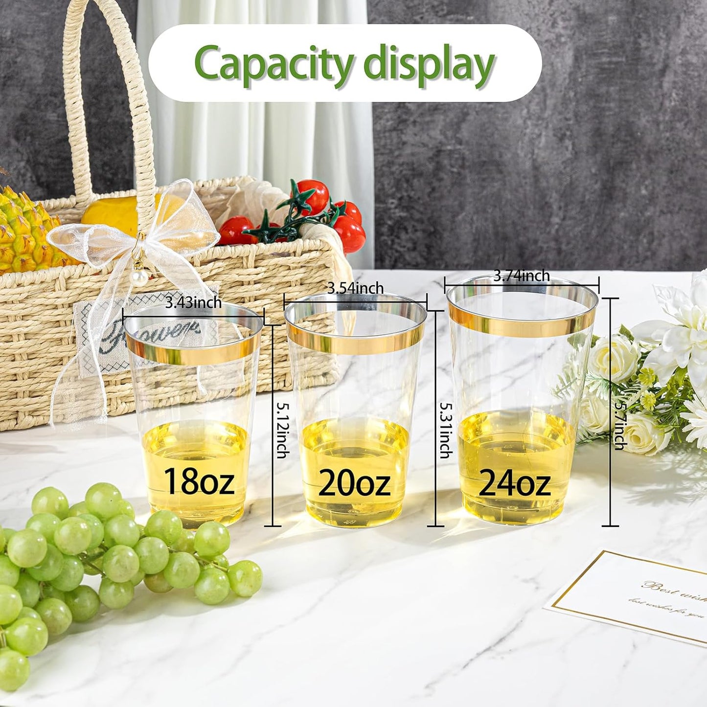 I00000 100 Pack 18 oz Gold Plastic Cups, Elegant Gold Rimmed Plastic Cups, Disposable Cocktail Glasses Wine Glasses, 18 oz Premium Tumblers Perfect for Birthday, Party & Wedding