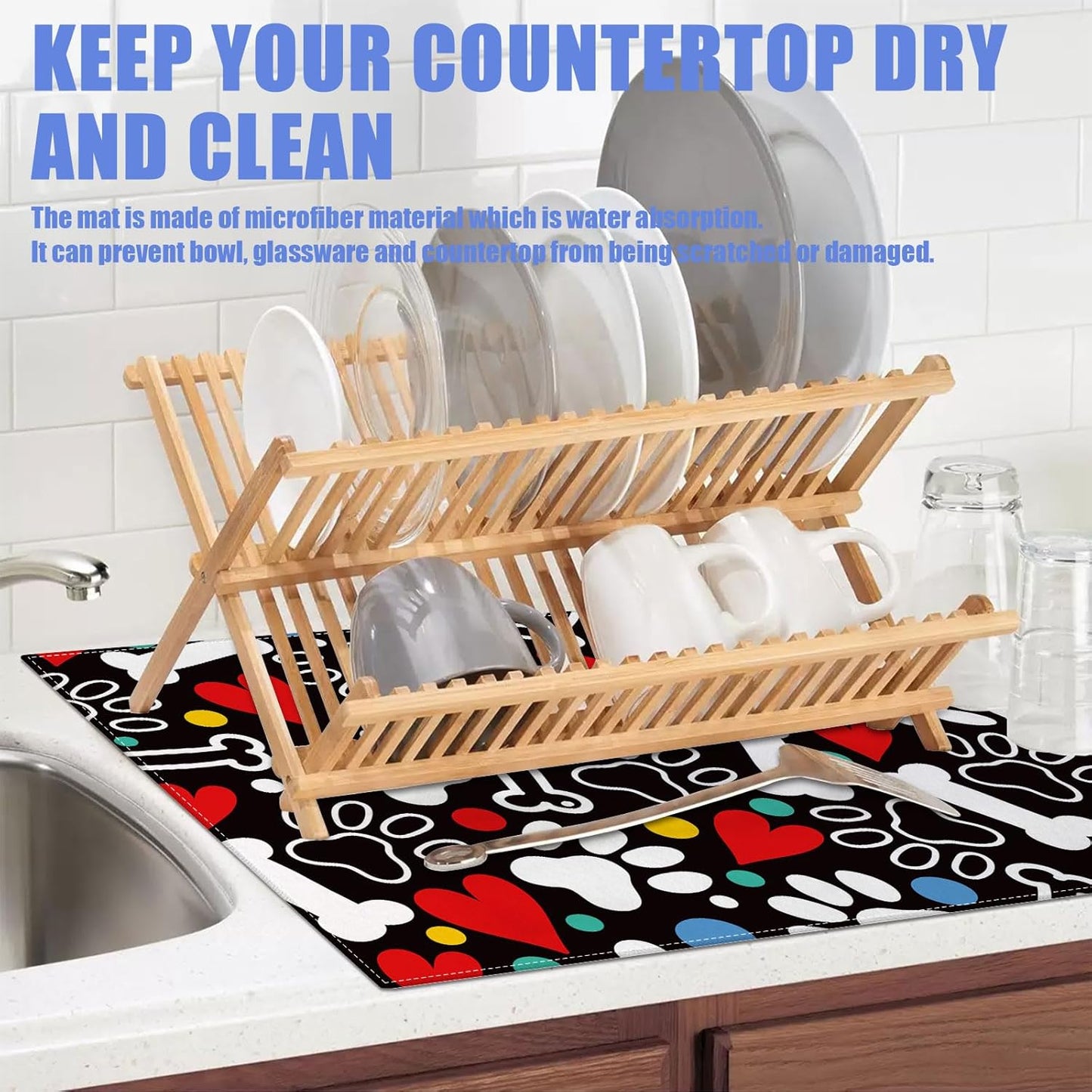 Dog Paw Bone Dish Drying Mat for Kitchen Counter Drying Pad Absorbent Reversible Dish Drainer Rack Mats Draining Pad 18"x24"Inch
