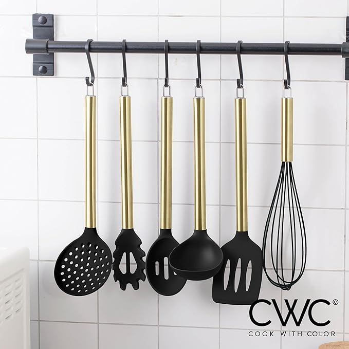 COOK WITH COLOR Silicone Cooking Utensils, Kitchen Utensil Set, Easy to Clean Silicone Kitchen Utensils, Cooking Utensils for Nonstick Cookware, Kitchen Gadgets Set with Holder, 10 Pieces