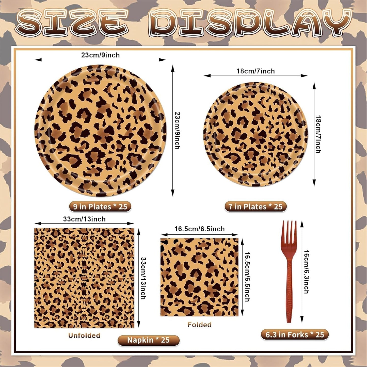 100 Pcs Leopard Print Tableware Party Supplies - Disposable Animal Print Dinnerware Set with Paper Plates, Napkins and Utensils for Safari Theme, Jungle Birthday - Serves 25