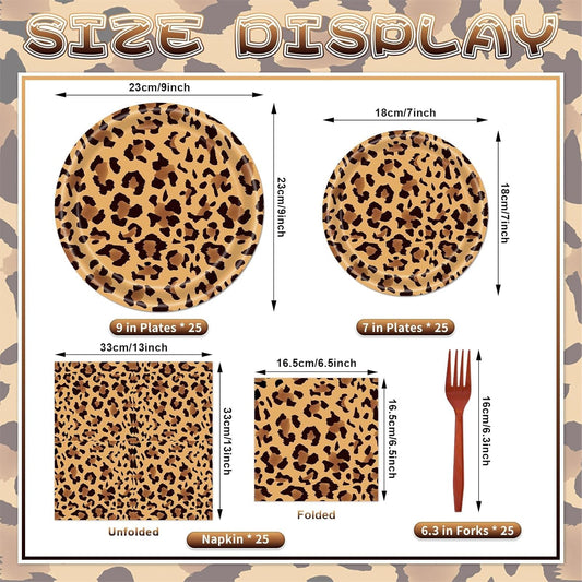 100 Pcs Leopard Print Tableware Party Supplies - Disposable Animal Print Dinnerware Set with Paper Plates, Napkins and Utensils for Safari Theme, Jungle Birthday - Serves 25