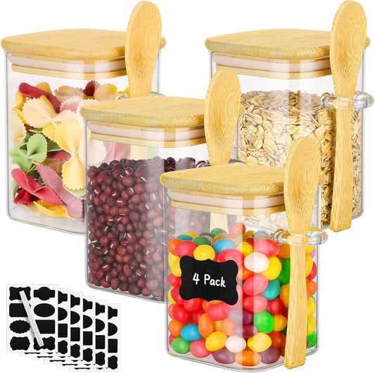 Glass Jars with Bamboo Lids Set of 4, 15 Fl.oz Square Glass Storage Jars with Airtight Lid and Spoon, Stackable Kitchen Food Canister Pantry Container for Spice, Tea, Cookie, Coffee and Sugar