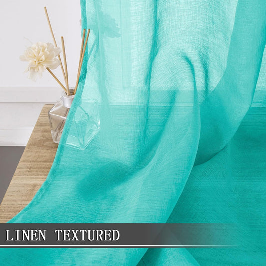 Tollpiz Short Sheer Curtains Living Room Linen Textured Curtain Sheers Light Filtering Voile Rod Pocket Curtains for Bedroom, 38 x 45 inches Long, Aqua Blue, Set of 2 Panels