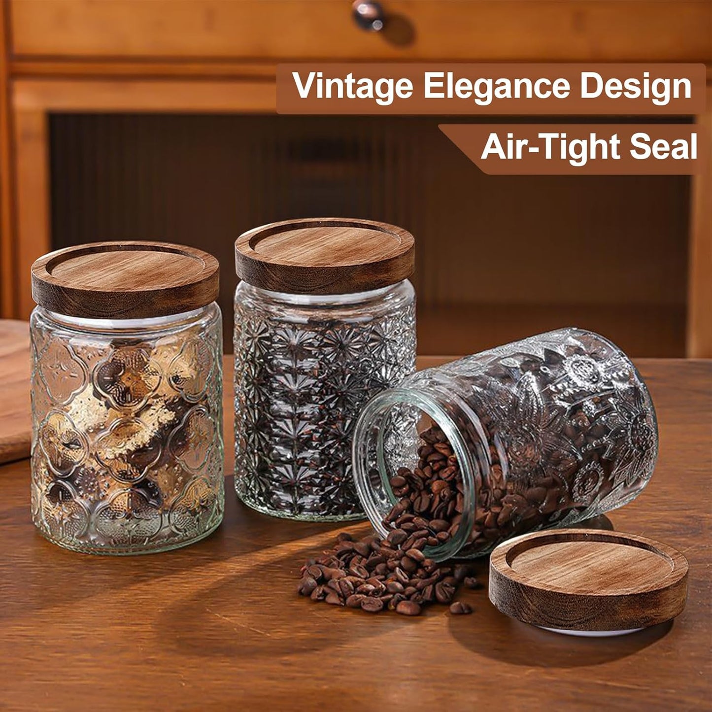 4-Pack 24 OZ Vintage Glass Jar with Lid, Airtight Food Storage Canisters with Bamboo for Kitchen Counter Pantry, Ideal for Coffee, Candy, Tea, Oats, Sugar, Cookies Decorative Jars