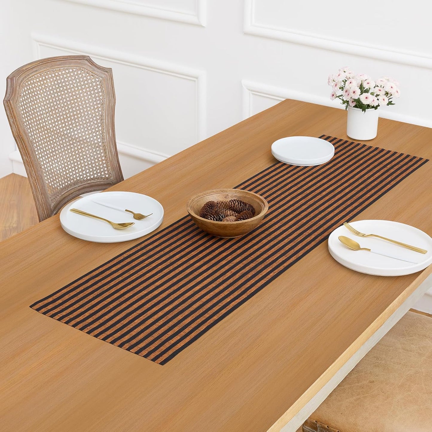 Solino Home Table Runner 36 Inches - Amalfi Stripe 100% Pure Linen Pumpkin and Black Table Runner 14 x 36 Inch Ideal for Dresser and Coffee Tables - Fall, Autumn, Halloween, Thanksgiving
