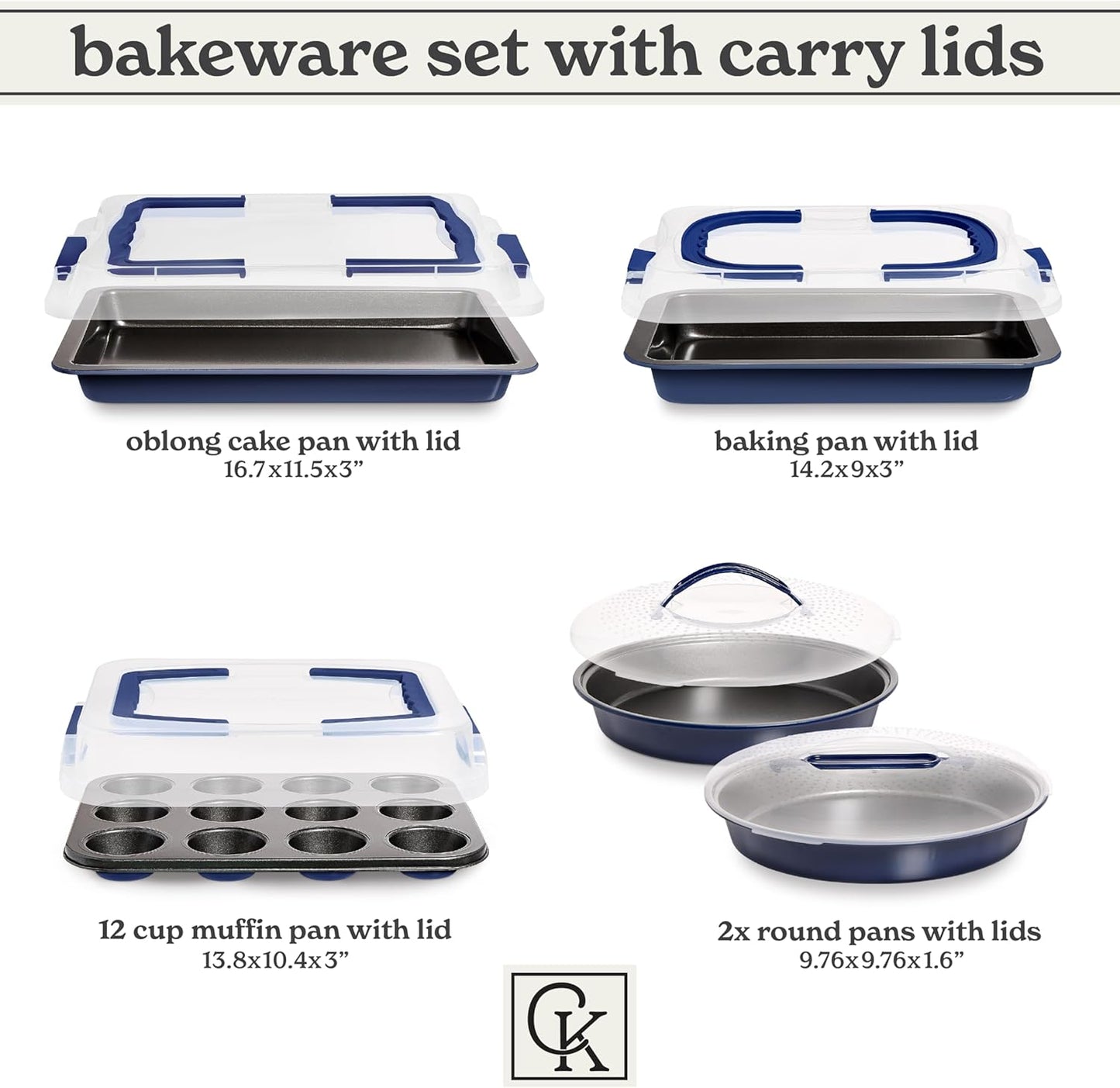Country Kitchen Baking Pans Set - 10 Piece Non-Stick Cake Pans with Carry Lids for Easy Storage & Travel, Perfect for Parties - Stackable, Navy
