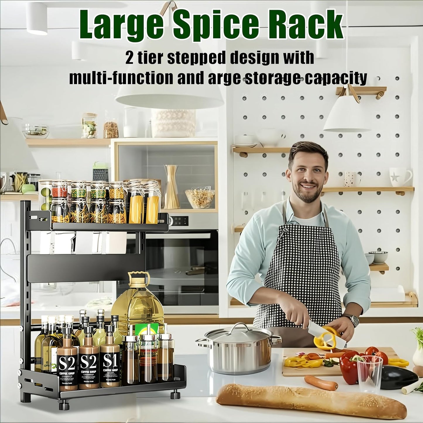 Spice Organization for Cabinet | 2 Tier Standing Height-Adjustable Spice Rack | Large Metal Rust-Proof Seasoning Organizer | Kitchen Storage Organization Shelf for Pantry Bathroom (2-30CM Black)