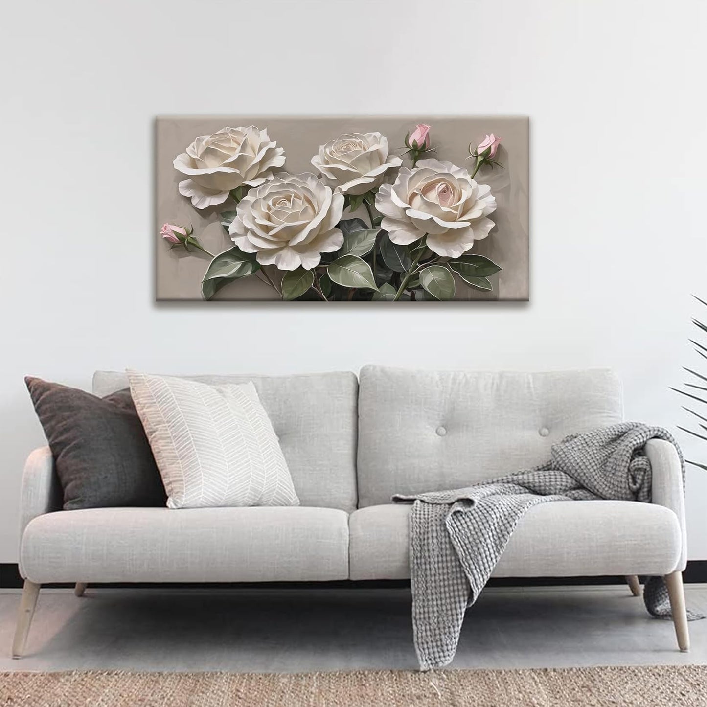 Canvas Art Wall Decor Modern Minimalist Home Wall Decor Flower Paintings White Wall Art Prints Pink White Floral Wall Art Pictures For Bedroom Kitchen Office Artwork 20"×40"
