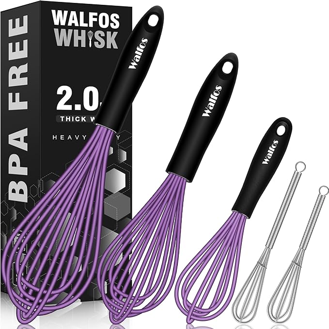 Walfos Whisk, Silicone Whisks Set of 5, Mini Stainless Steel Whisk 7+5in & Non Scratch Coated 7+9+11in Whisks, Suitable for Blending, Whisking, Beating, Frothing & Stirring. (Purple)