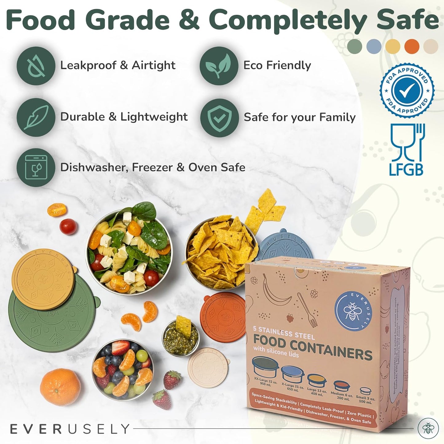 Everusely - Stainless Steel Containers with Lids - Set of 5, Muted Collection - Leakproof Stainless Steel Food Containers - Nesting Snack Holders - Metal Lunch Box - Portable & Reusable Meal Kit