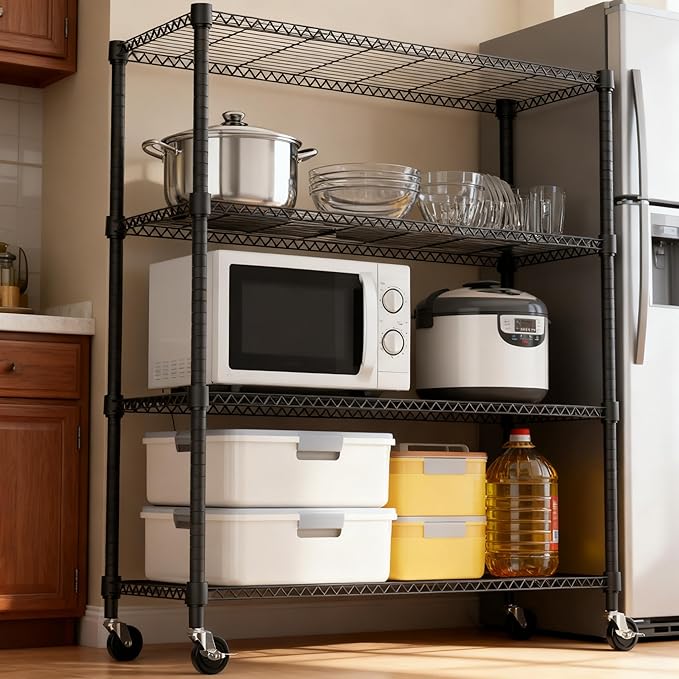 4 Tiers Shelf 1400 lbs Steel Storage Shelving Utility Shelving Unit Steel Organizer Wire Rack for Home,Kitchen,Office,Garage Black 17.7" D x 47.2" W x 62.7" H