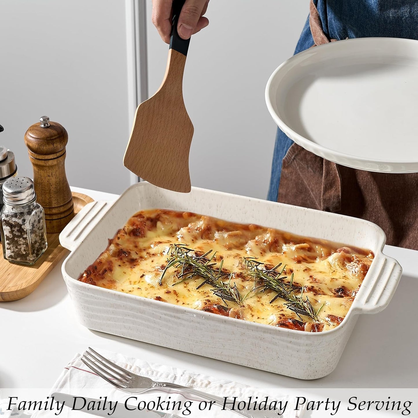 Ceramic Baking Dish Set of 3, Casserole Dishes for Oven, Square Porcelain Bakeware Set with Handles, Lasagna Baking Pan for Cooking, Perfect for Baking and Serving, Housewarming, Halloween, Thanksgiving, Christmas, New Year-Reactive White