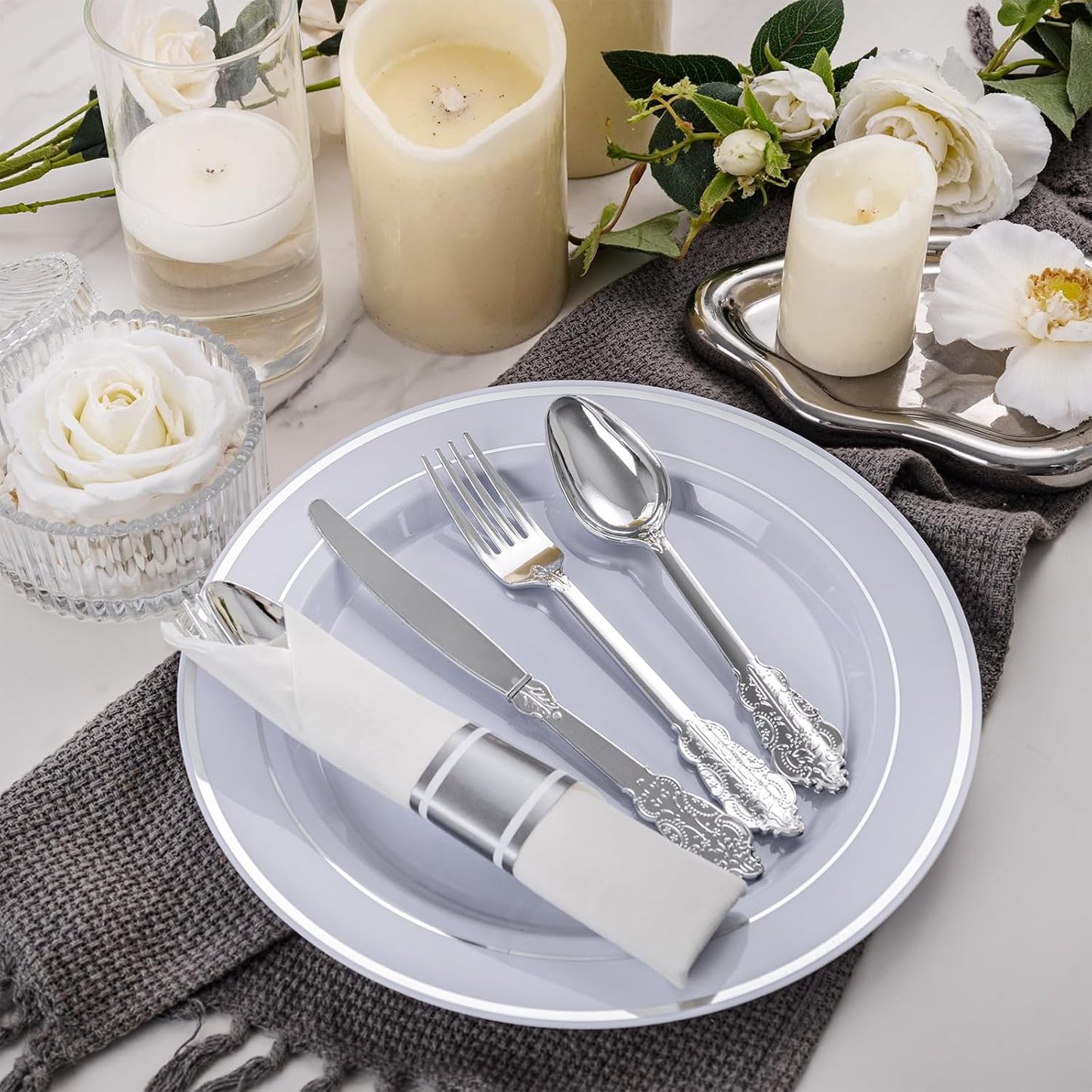 WELLIFE 50 Pack Silver Plastic Silverware, Wrapped Silverware Set Disposable,Plastic Utensils Set Include 50 Forks, 50 Knives, 50 Spoons and 50 Napkins, Disposable Cutlery for Party and Wedding