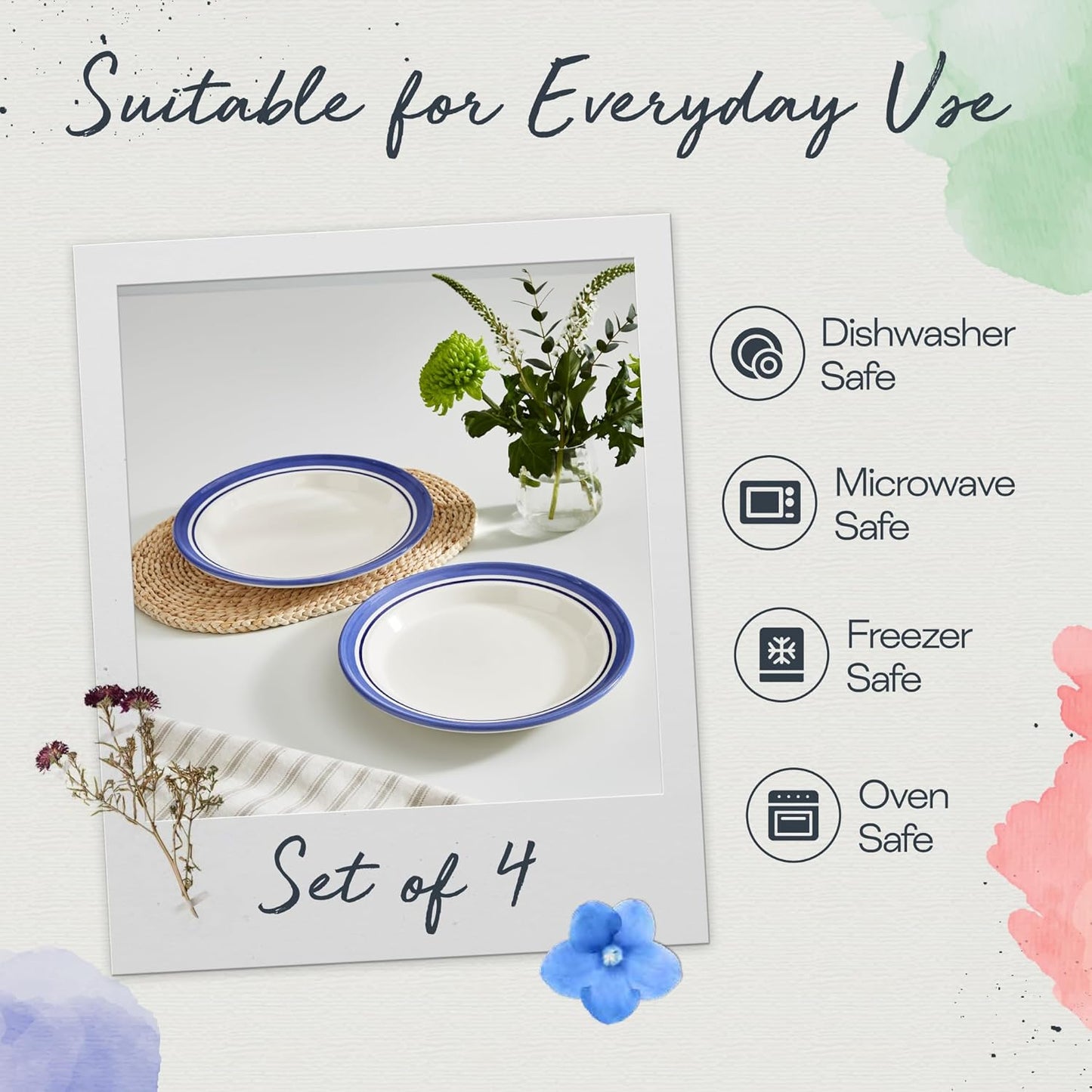 Portmeirion Potter's Stripe Dinner Plate (Set of 4) - 10.5" Earthenware Plates with Classic Striped Rim - Microwave, Dishwasher, Freezer, Oven Safe - Ideal Modern Dinnerware Set (Blue Stripe)