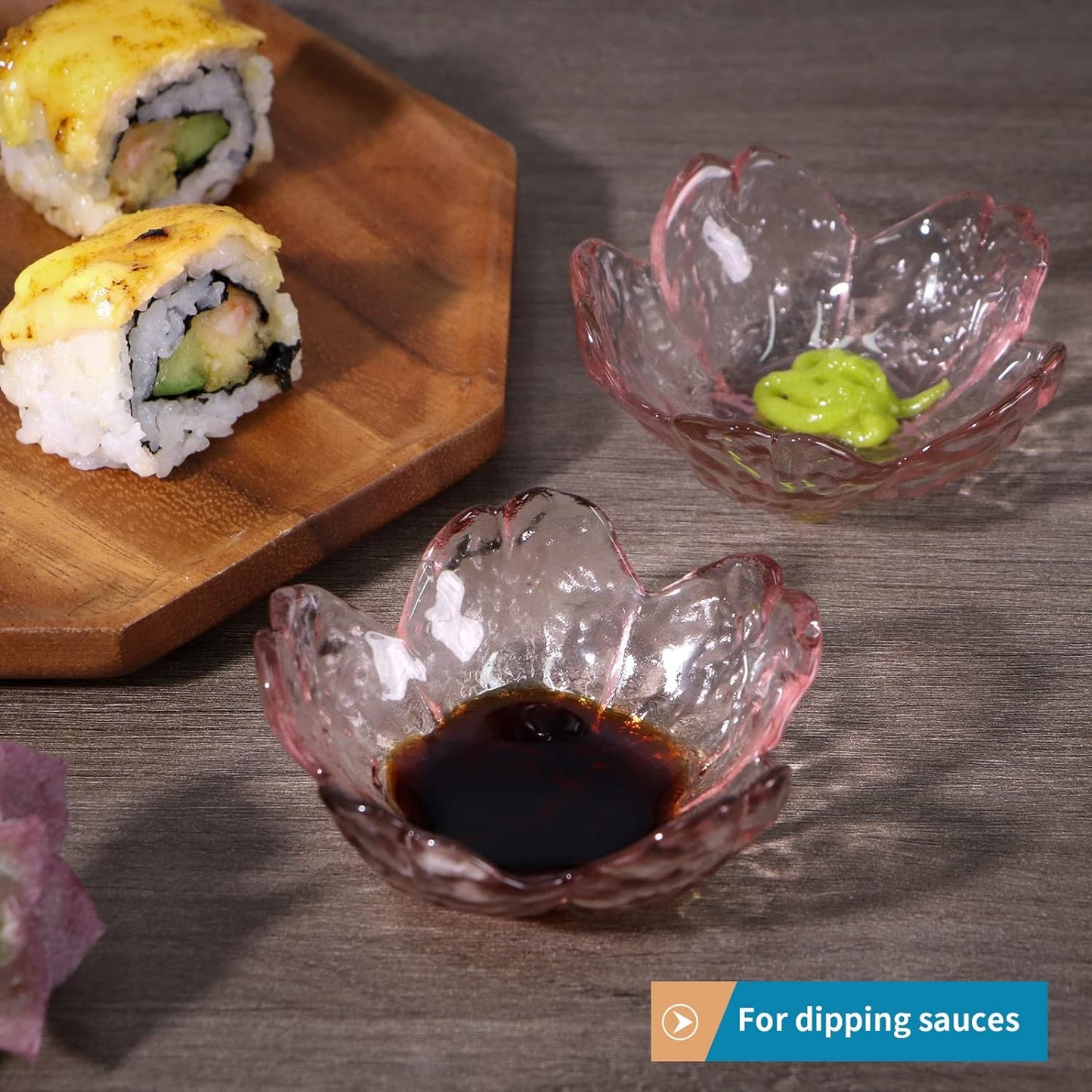 8 Pcs Glass Sakura Soy Sauce Dishes, Cute Mini Dessert Bowls, Stackable Tiny Appetizer Plates for Dips, Seasonings, Snacks, Fruits or Tea Bags, Small Candles, Trinkets (Pink)