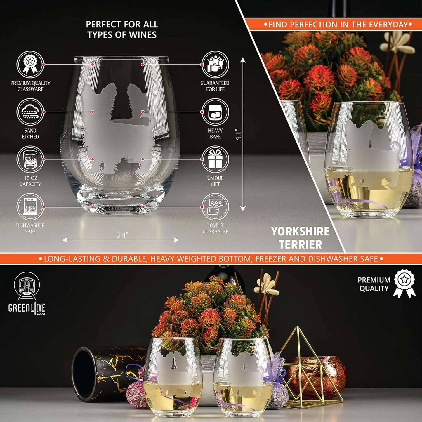 Yorkshire Terrier Stemless Wine Glasses (Set of 2) - Unique Gift for Dog Lovers - Hand Etched with Breed Name on Bottom