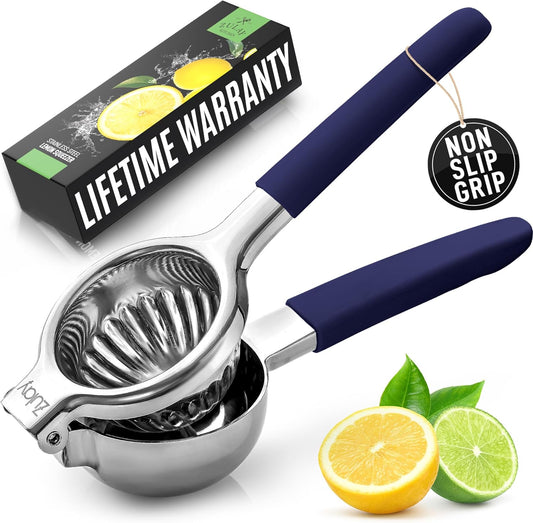 Zulay Kitchen Lemon Squeezer Stainless Steel with Premium Heavy Duty Solid Metal Squeezer Bowl and Food Grade Silicone Handles - Large Manual Citrus Press Juicer and SS Lime Squeezer (Navy)