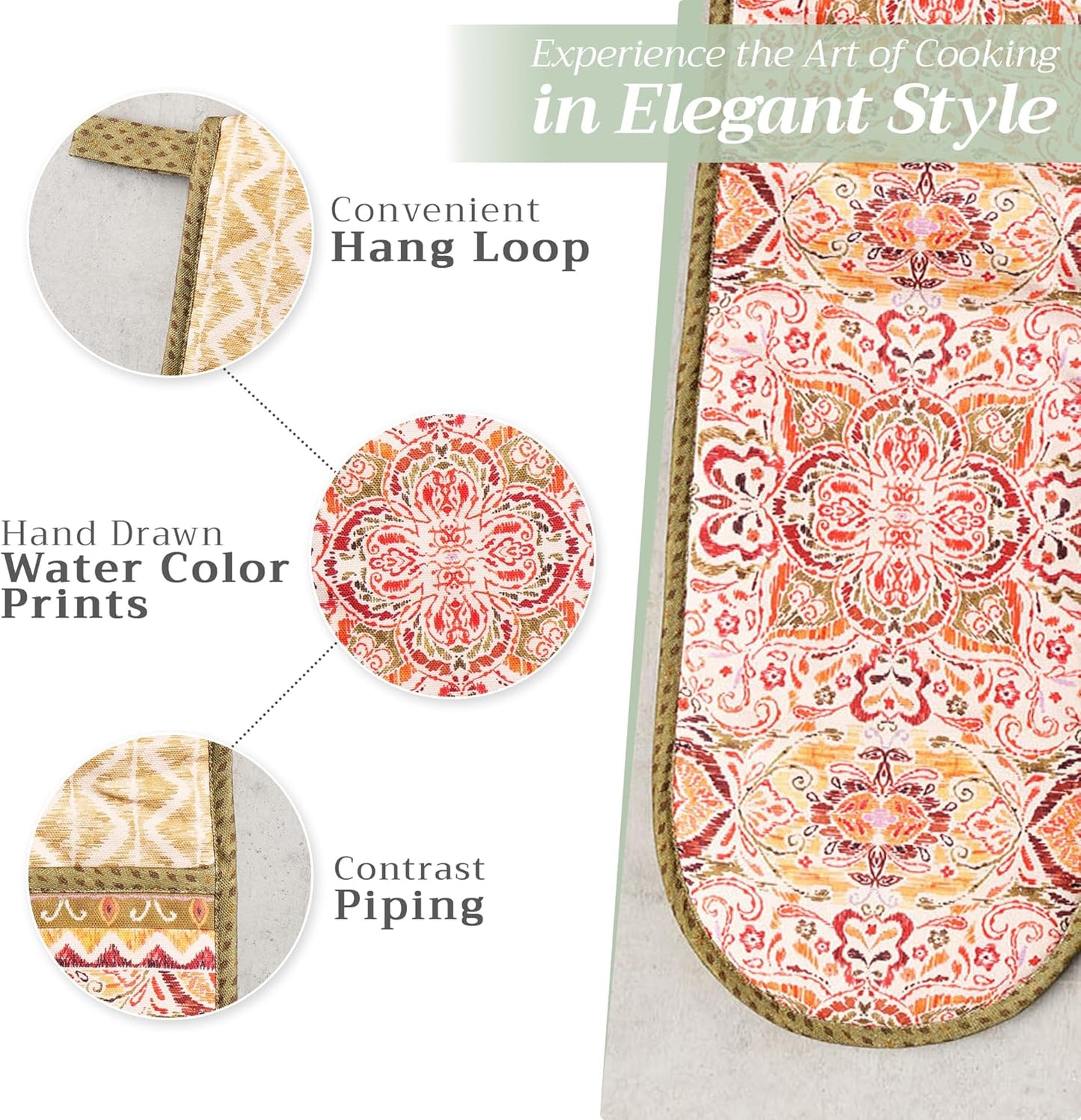 Maison d' Hermine Double Oven Mitt (7" x 35") 100% Cotton Heat Resistant BBQ Cooking Gloves with Loop for Thanksgiving Christmas Decorations Baking Cooking Barbeque Handling Hot Pan (Damask)