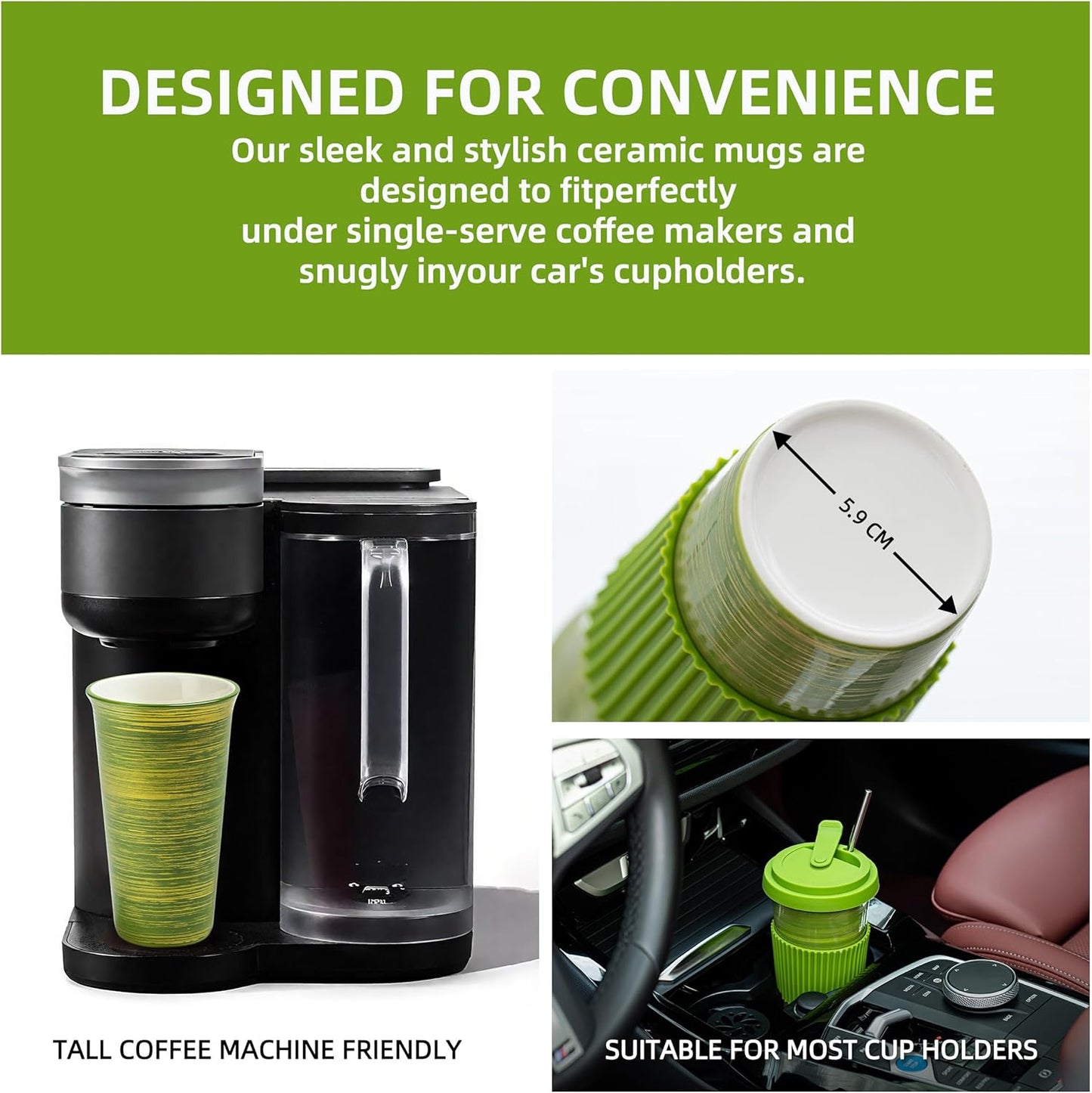 Travel Coffee Mug Green, Ceramic Coffee Mug With Lid And Drinking Straw(15oz/450ml), Handcrafted Novelty Travel Mugs, Microwave & Dishwasher Safe Tumbler With Lid, Unique Gifts
