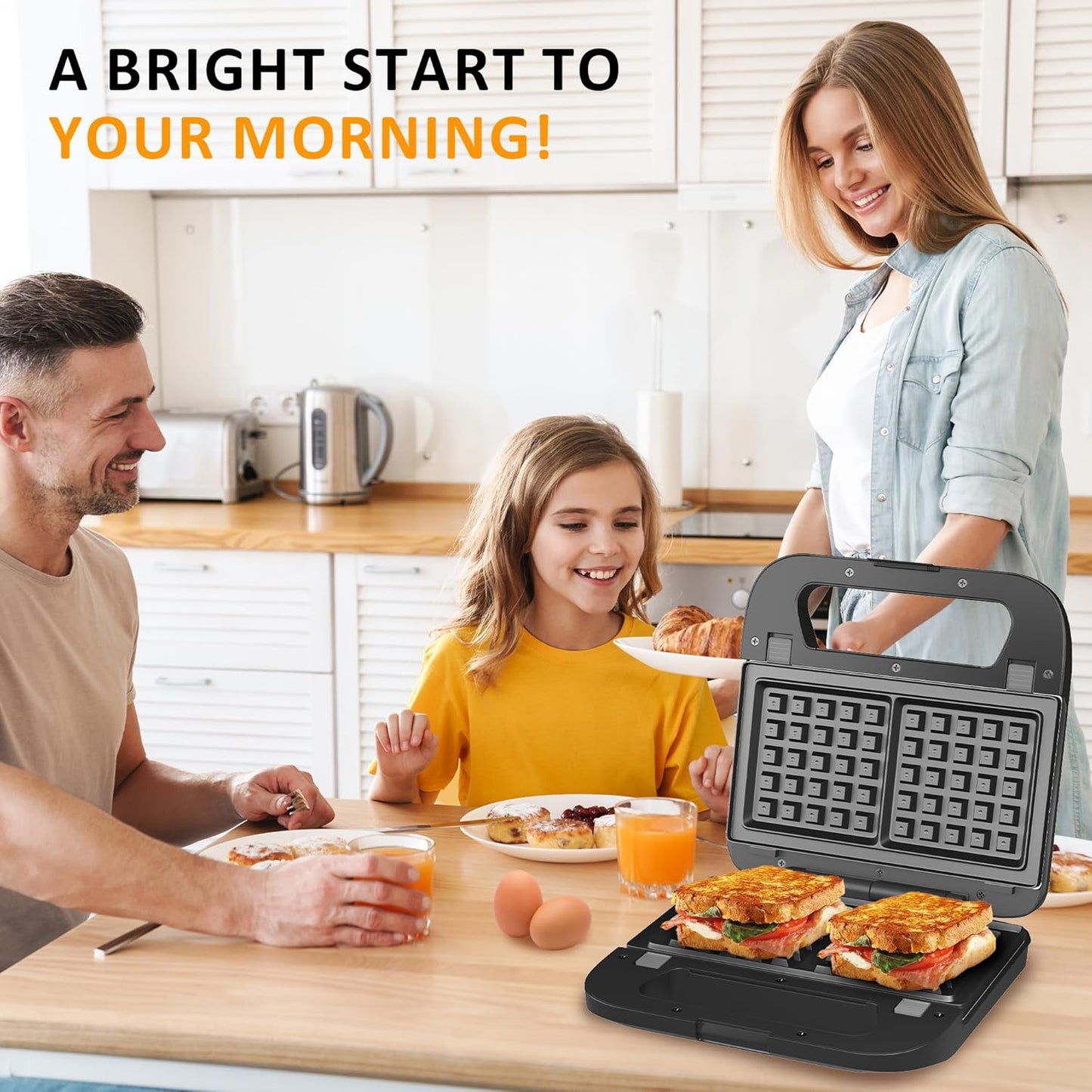 3 in 1 Electric Sandwich Maker, Panini Press Grill and Waffle Iron Set, Grill and Sandwich Press with Removable Non-Stick Plates, Indicator Lights & Cool Touch Handle, 750W, Black