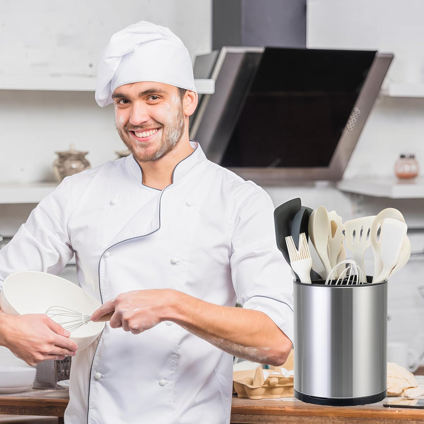 Utensil Holder,Large 360°Rotating Kitchen Utensil Holder For Counter,Cooking Silverware Organizer Stainless Steel Caddy Flatware Spoon Spatula Tool Cutlery Container