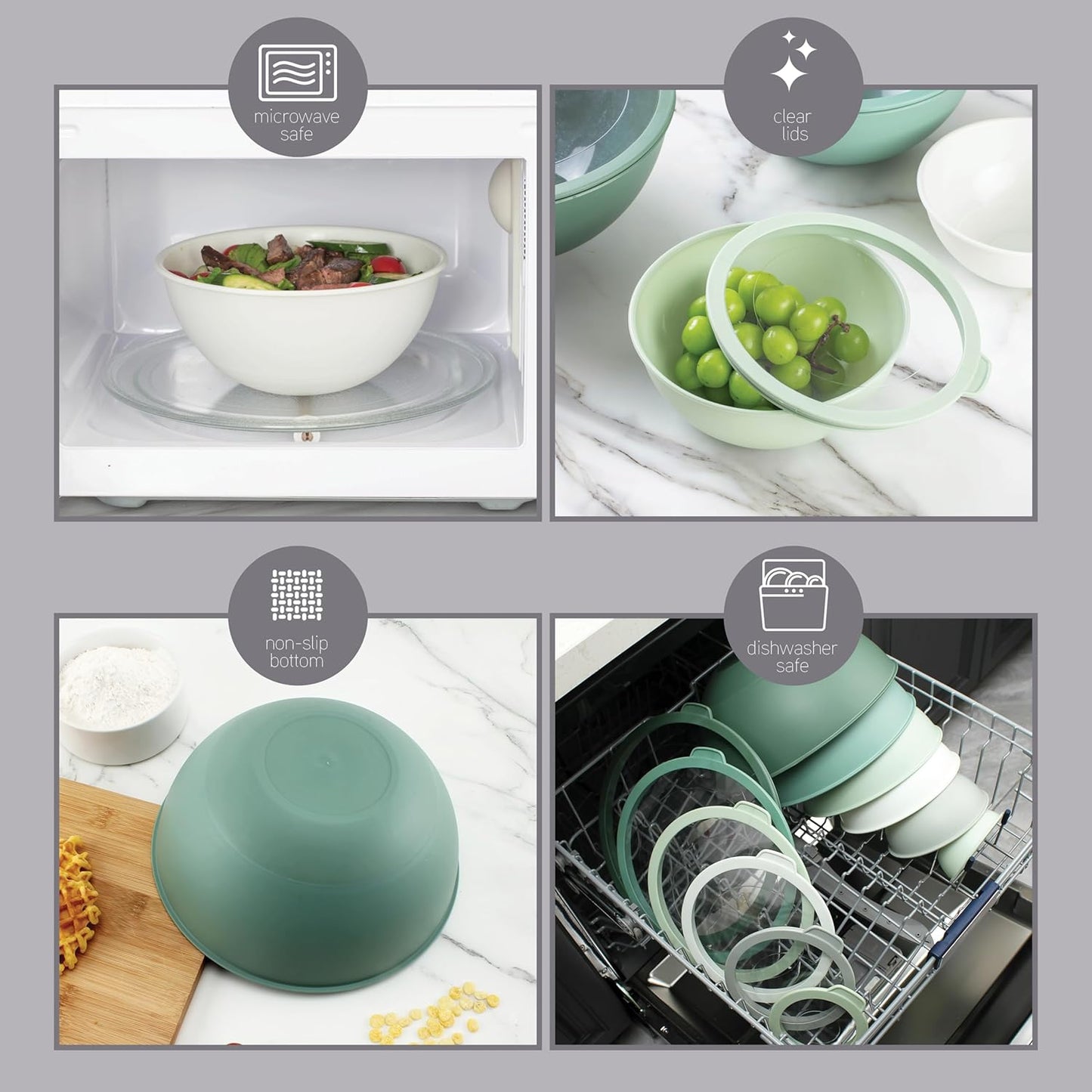 COOK WITH COLOR Mixing Bowls with Non Slip Bottom - 12 Piece Plastic Nesting Bowls Set includes 6 Prep Bowls and 6 Tritan Lids - Microwave Safe (Sage)