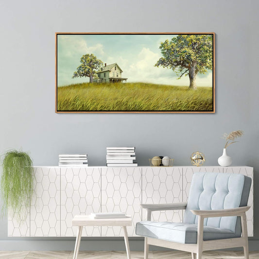 YCPRIMER Canvas Wall Art - Village Landscape Decor Retro Farmhouse Picture Yellow Tree Painting Framed Artwork for Dinning Room,Living Room,Kitchen Decoration Size 24×48Inch