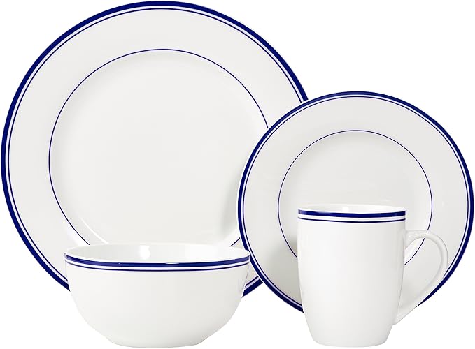 Amazon Basics 16-Piece Cafe Stripe Kitchen Dinnerware Set, Plates, Bowls, Mugs, Service for 4, Blue