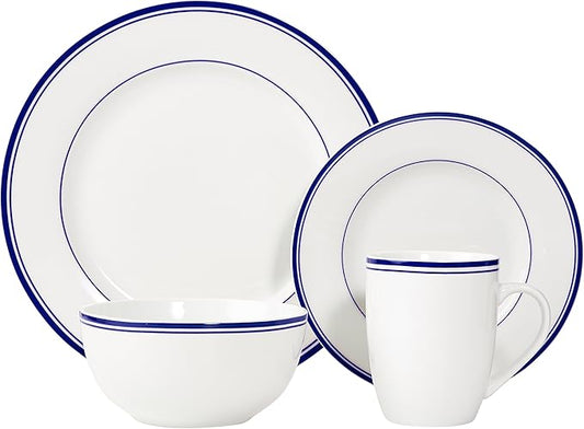 Amazon Basics 16-Piece Cafe Stripe Kitchen Dinnerware Set, Plates, Bowls, Mugs, Service for 4, Blue