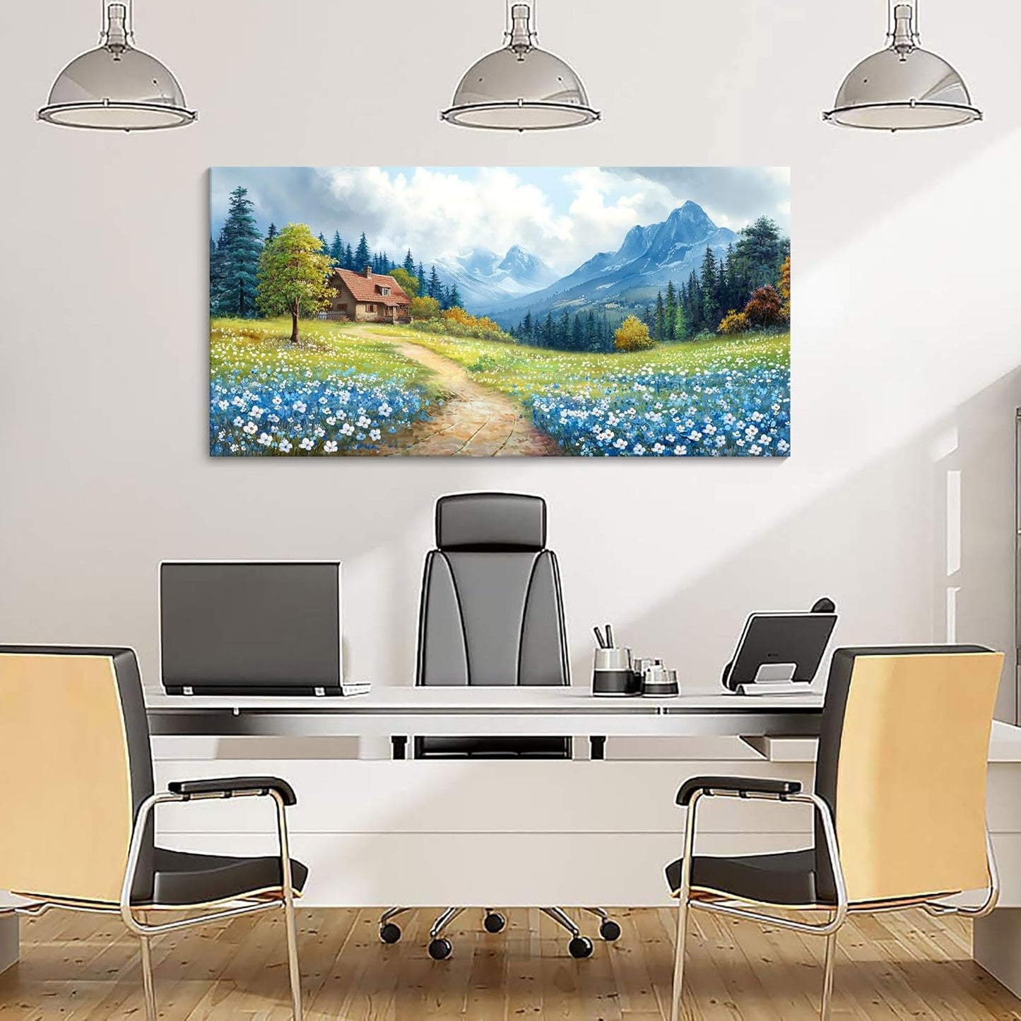 CHATYOUNG Canvas Wall Art Landscape Paintings, Blue Misty Mountains and Wild Flowers Rustic Prints Wall Pictures Large Size 24"X48" for Living Room Bedroom Bathroom Home Decor Gift