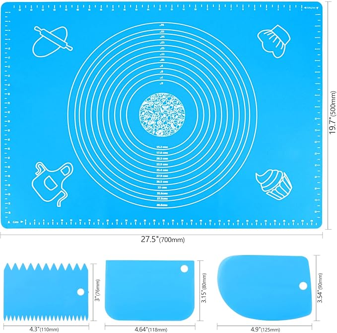 27.6x19.7in Silicone Baking Mat Sheet Pastry Mat with Measurement, Non-Slip Pastry Rolling Mat, Non-Stick Dough Kneading Board Mat, Bread Fondant Mat, Cooking Bakeware Mat Table Placemat(Scraper)