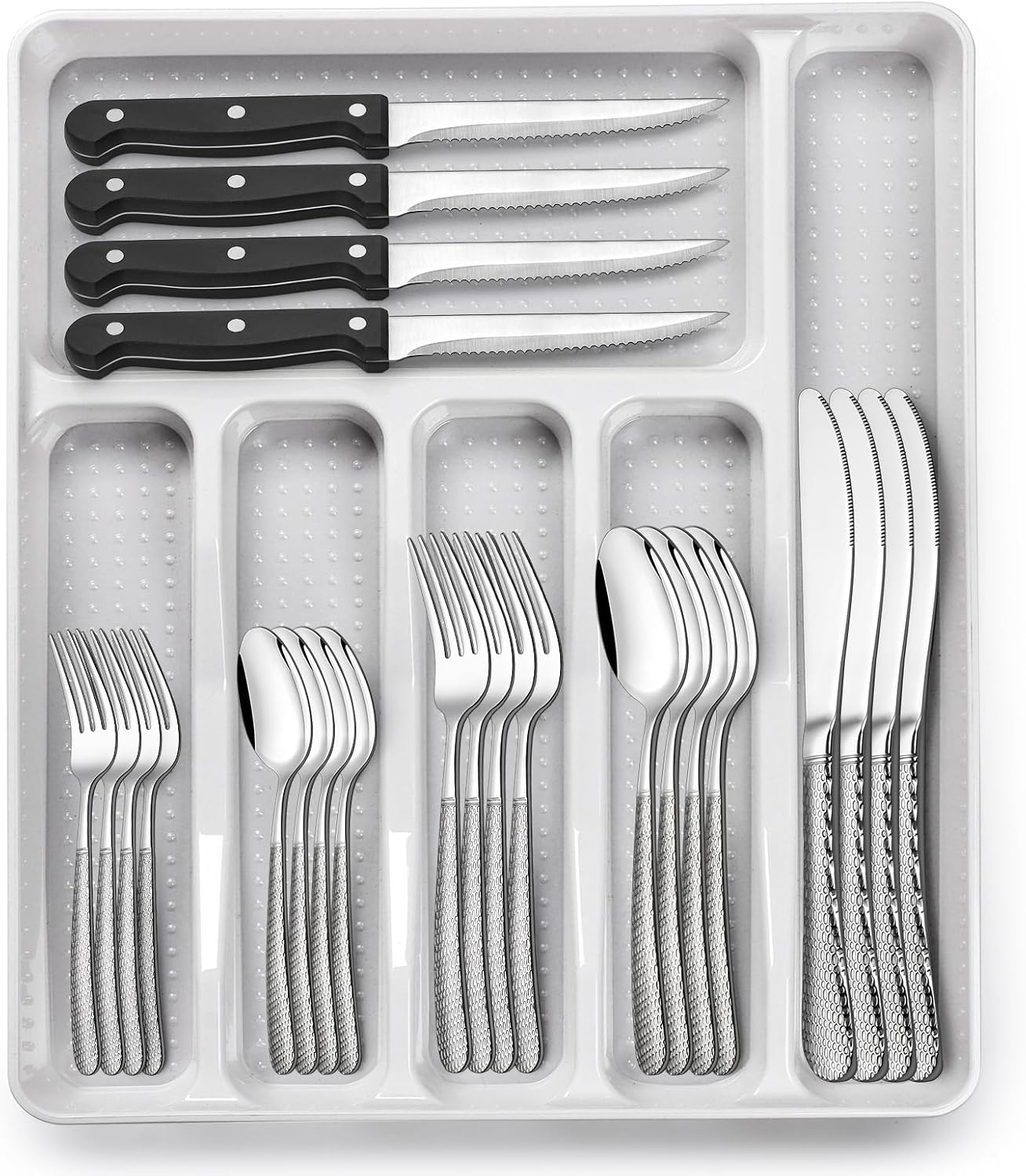 49-Piece Hammered Silverware Set with Organizer, Heavy Duty Stainless Steel Flatware for 8, Cutlery Utensil Sets with Steak Knives, Rust-proof, Mirror Polished, Dishwasher Safe