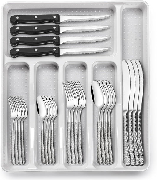 49-Piece Hammered Silverware Set with Organizer, Heavy Duty Stainless Steel Flatware for 8, Cutlery Utensil Sets with Steak Knives, Rust-proof, Mirror Polished, Dishwasher Safe
